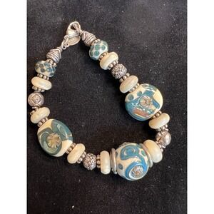 Mixed Media Bracelet Marked D J  Cream And Blue Beads Silver-tone Beads